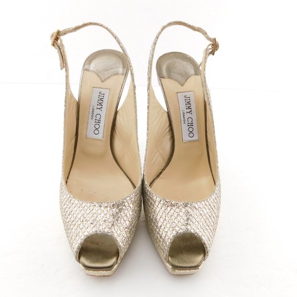 JIMMY CHOO CLUE Champagne Glitter Sling Pumps 37.5